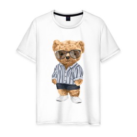 Мужская футболка хлопок с принтом Модный плюшевый медведь в Санкт-Петербурге, 100% хлопок | прямой крой, круглый вырез горловины, длина до линии бедер, слегка спущенное плечо. | арт | животные | игрушка | картинка | крутой медведь | медведь | медвежонок | мишка | мода | модный медведь | плюшевый | плюшевый медведь | рисунок