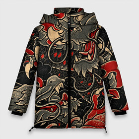 Женская зимняя куртка 3D с принтом Dsquared tatoo DRAGON в Санкт-Петербурге, верх — 100% полиэстер; подкладка — 100% полиэстер; утеплитель — 100% полиэстер | длина ниже бедра, силуэт Оверсайз. Есть воротник-стойка, отстегивающийся капюшон и ветрозащитная планка. 

Боковые карманы с листочкой на кнопках и внутренний карман на молнии | disquared tatoo | disquared тату | dragon | japan | восток | дракон | знак | иероглифы | китай | надписи | символ | тату | татуировки | япония