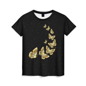 Женская футболка 3D с принтом Golden Butterfly in Space в Санкт-Петербурге, 100% полиэфир ( синтетическое хлопкоподобное полотно) | прямой крой, круглый вырез горловины, длина до линии бедер | Тематика изображения на принте: black | summer | wings | ангел | бабочка | бабочки | блестки | блестящий | девушке | желтые | животные | звезды | звери | золото | золотые | космос | крылья | летать | летний | лето | мотылек | насекомое | ночные