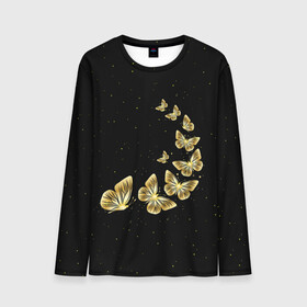 Мужской лонгслив 3D с принтом Golden Butterfly in Space в Санкт-Петербурге, 100% полиэстер | длинные рукава, круглый вырез горловины, полуприлегающий силуэт | black | summer | wings | ангел | бабочка | бабочки | блестки | блестящий | девушке | желтые | животные | звезды | звери | золото | золотые | космос | крылья | летать | летний | лето | мотылек | насекомое | ночные