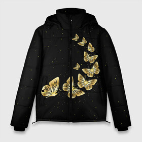 Мужская зимняя куртка 3D с принтом Golden Butterfly in Space в Санкт-Петербурге, верх — 100% полиэстер; подкладка — 100% полиэстер; утеплитель — 100% полиэстер | длина ниже бедра, свободный силуэт Оверсайз. Есть воротник-стойка, отстегивающийся капюшон и ветрозащитная планка. 

Боковые карманы с листочкой на кнопках и внутренний карман на молнии. | Тематика изображения на принте: black | summer | wings | ангел | бабочка | бабочки | блестки | блестящий | девушке | желтые | животные | звезды | звери | золото | золотые | космос | крылья | летать | летний | лето | мотылек | насекомое | ночные