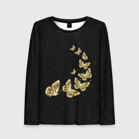 Женский лонгслив 3D с принтом Golden Butterfly in Space в Санкт-Петербурге, 100% полиэстер | длинные рукава, круглый вырез горловины, полуприлегающий силуэт | black | summer | wings | ангел | бабочка | бабочки | блестки | блестящий | девушке | желтые | животные | звезды | звери | золото | золотые | космос | крылья | летать | летний | лето | мотылек | насекомое | ночные