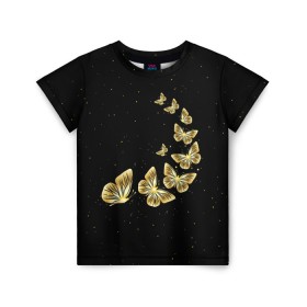 Детская футболка 3D с принтом Golden Butterfly in Space в Санкт-Петербурге, 100% гипоаллергенный полиэфир | прямой крой, круглый вырез горловины, длина до линии бедер, чуть спущенное плечо, ткань немного тянется | black | summer | wings | ангел | бабочка | бабочки | блестки | блестящий | девушке | желтые | животные | звезды | звери | золото | золотые | космос | крылья | летать | летний | лето | мотылек | насекомое | ночные