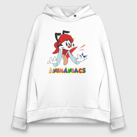 Женское худи Oversize хлопок с принтом Animaniacs в Санкт-Петербурге, френч-терри — 70% хлопок, 30% полиэстер. Мягкий теплый начес внутри —100% хлопок | боковые карманы, эластичные манжеты и нижняя кромка, капюшон на магнитной кнопке | Тематика изображения на принте: animaniacs | vdpartat | wakko warner | вакко уорнер | озорные анимашки