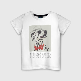 Детская футболка хлопок с принтом далматинец на стиле в Санкт-Петербурге, 100% хлопок | круглый вырез горловины, полуприлегающий силуэт, длина до линии бедер | арт | бабочка | далматинец | джентльмен | животные | картинка | мода | на моде | очки | пес | рисунок | собака | стиль | стильная собака | шляпа
