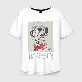 Мужская футболка хлопок Oversize с принтом далматинец на стиле в Санкт-Петербурге, 100% хлопок | свободный крой, круглый ворот, “спинка” длиннее передней части | арт | бабочка | далматинец | джентльмен | животные | картинка | мода | на моде | очки | пес | рисунок | собака | стиль | стильная собака | шляпа