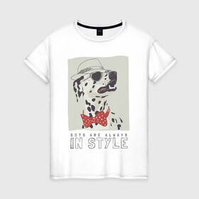 Женская футболка хлопок с принтом далматинец на стиле в Санкт-Петербурге, 100% хлопок | прямой крой, круглый вырез горловины, длина до линии бедер, слегка спущенное плечо | арт | бабочка | далматинец | джентльмен | животные | картинка | мода | на моде | очки | пес | рисунок | собака | стиль | стильная собака | шляпа