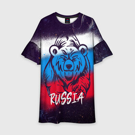 Детское платье 3D с принтом Russia Bear в Санкт-Петербурге, 100% полиэстер | прямой силуэт, чуть расширенный к низу. Круглая горловина, на рукавах — воланы | 12 июня | bear | marble | russia | грозный медведь | день россии | медведь | мишка | мрамор | мраморная | праздник | россия | страна | триколор | флаг