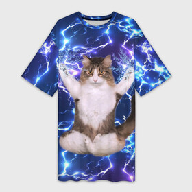 Платье-футболка 3D с принтом Грозовой Котик в Санкт-Петербурге,  |  | cat | cats | kitten | kitty | memes | nice | punk | rain | yoga | грозы | дождь | йога | кот | котик | котики | котэ | кошка | медитация | мем | мемы | милая | милый | молнии | панк | приколы | рок | рэп | трэш