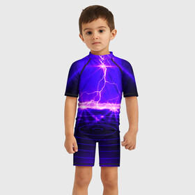 Детский купальный костюм 3D с принтом НЕОНОВЫЕ МОЛНИИ в Санкт-Петербурге, Полиэстер 85%, Спандекс 15% | застежка на молнии на спине | color | colour | electricity | glim | glow | light | lights | neon | power | shine | молния | напряжение | неоновый | разряд | стихия | ток | удар | электричество