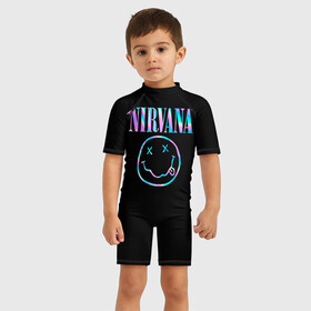 Детский купальный костюм 3D с принтом Nirvana(Спина) в Санкт-Петербурге, Полиэстер 85%, Спандекс 15% | застежка на молнии на спине | nirvana | гитара | голограмма | кобейн | курт | курт кобейн | музыка | неон | нирвана | рок | смайл