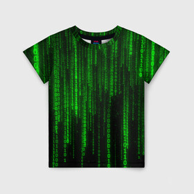 Детская футболка 3D с принтом Матрица код цифры программист в Санкт-Петербурге, 100% гипоаллергенный полиэфир | прямой крой, круглый вырез горловины, длина до линии бедер, чуть спущенное плечо, ткань немного тянется | бинарный код | веб | вирус | всемирная паутина | двоичный код | зеленый | интернет | информация | кибер | код | кодер | кодирование | матрица | наука | олдскул | по | программирование