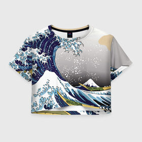 Женская футболка Crop-top 3D с принтом The great wave off kanagawa в Санкт-Петербурге, 100% полиэстер | круглая горловина, длина футболки до линии талии, рукава с отворотами | the great wave off kanagawa | большая волна | большая волна в канагаве | волна | гора | исккуство | канагава | картина | кацусика хокусай | молочный | серый | япония