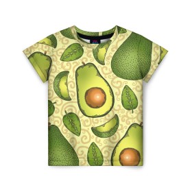 Детская футболка 3D с принтом Авокадо в Санкт-Петербурге, 100% гипоаллергенный полиэфир | прямой крой, круглый вырез горловины, длина до линии бедер, чуть спущенное плечо, ткань немного тянется | Тематика изображения на принте: авокадо | зеленый | лайм | листок