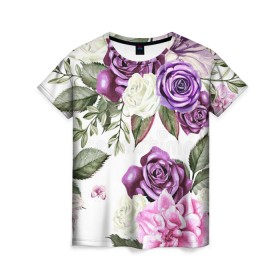 Женская футболка 3D с принтом Красивые розы в Санкт-Петербурге, 100% полиэфир ( синтетическое хлопкоподобное полотно) | прямой крой, круглый вырез горловины, длина до линии бедер | белые розы | белый | необычные | розовый | розы | синие розы | синий | фиолетовые розы | фиолетовый | цветы