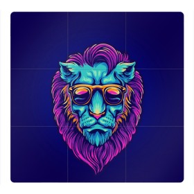 Магнитный плакат 3Х3 с принтом Неоновый лев в очках в Санкт-Петербурге, Полимерный материал с магнитным слоем | 9 деталей размером 9*9 см | грива | животные | закат | зверей | кошка | лев | лето | львенок | неоновая | очки | пляж | прайд | разноцветная | солнце | тигр | царь