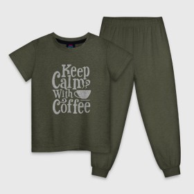 Детская пижама хлопок с принтом Keep calm with coffee в Санкт-Петербурге, 100% хлопок |  брюки и футболка прямого кроя, без карманов, на брюках мягкая резинка на поясе и по низу штанин
 | coffee | keep calm | ароматный | бодрящий | горячий | кофе | кофеек | кофейная | кофеман | кофи | крепкие | крепкий | нервы | с кофе | с утра | сохраняй спокойствие | успокаивает | утренний | утро | чашка