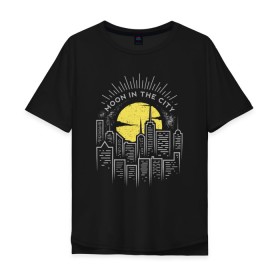 Мужская футболка хлопок Oversize с принтом Луна в городе в Санкт-Петербурге, 100% хлопок | свободный крой, круглый ворот, “спинка” длиннее передней части | city | in the city | moon | night | retro | urban | vintage | в городе | винтаж | восход | город | городской пейзаж | желтое | закат | круглая | круглое | луна | ночной город | ночь | рассвет | ретро | солнце | урбанистика | урб