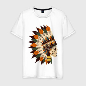 Мужская футболка хлопок с принтом Индейские мотивы в Санкт-Петербурге, 100% хлопок | прямой крой, круглый вырез горловины, длина до линии бедер, слегка спущенное плечо. | арт | индеец | индейцы | перо | перья | стрела стрелы | сша | череп | черепа