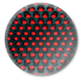Значок с принтом Раскалённый красный 3Д в Санкт-Петербурге,  металл | круглая форма, металлическая застежка в виде булавки | горошек | железо | жесть | излучение | иллюзия | круги | лампочки | металл | оболочка | объём | сияние | соты | сталь | фонари | шарики | шары