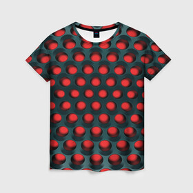 Женская футболка 3D с принтом Раскалённый красный 3Д в Санкт-Петербурге, 100% полиэфир ( синтетическое хлопкоподобное полотно) | прямой крой, круглый вырез горловины, длина до линии бедер | горошек | железо | жесть | излучение | иллюзия | круги | лампочки | металл | оболочка | объём | сияние | соты | сталь | фонари | шарики | шары