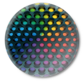 Значок с принтом 3Д спектр в Санкт-Петербурге,  металл | круглая форма, металлическая застежка в виде булавки | горошек | железо | жесть | излучение | иллюзия | круги | лампочки | металл | оболочка | объём | радуга | сияние | соты | сталь | фонари | шарики | шары