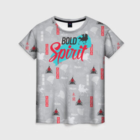Женская футболка 3D с принтом Bold Spirit в Санкт-Петербурге, 100% полиэфир ( синтетическое хлопкоподобное полотно) | прямой крой, круглый вырез горловины, длина до линии бедер | mulan | vdosadir | бэрри кук | веер | иероглифы | китай | мулан | тони бэнкрофт