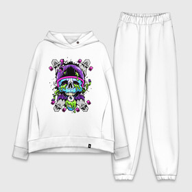 Женский костюм хлопок Oversize с принтом Crazy skull в Санкт-Петербурге,  |  | bat | eye | grin | helmet | jaw | orbits | skateboard | skull | teeth | wings | глаз | глазницы | зубы | крылья | летучая мышь | оскал | пасть | скейтборд | череп | шлем