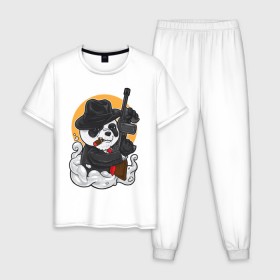 Мужская пижама хлопок с принтом Panda Gangster в Санкт-Петербурге, 100% хлопок | брюки и футболка прямого кроя, без карманов, на брюках мягкая резинка на поясе и по низу штанин
 | art | automatic | bandit | gangster | panda | weapons | автомат | арт | бандит | гангстер | оружие | панда
