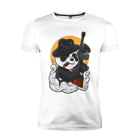 Мужская футболка премиум с принтом Panda Gangster в Санкт-Петербурге, 92% хлопок, 8% лайкра | приталенный силуэт, круглый вырез ворота, длина до линии бедра, короткий рукав | art | automatic | bandit | gangster | panda | weapons | автомат | арт | бандит | гангстер | оружие | панда