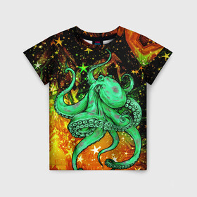 Детская футболка 3D с принтом Cosmo Octopus в Санкт-Петербурге, 100% гипоаллергенный полиэфир | прямой крой, круглый вырез горловины, длина до линии бедер, чуть спущенное плечо, ткань немного тянется | cosmo | kraken | medusa | meduza | ocean | octopus | pirates | арт | ван | гог | звезды | искусство | картина | космос | кракен | красочный | медуза | море | океан | осьминог | пираты | принт | стиль