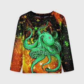 Детский лонгслив 3D с принтом Cosmo Octopus в Санкт-Петербурге, 100% полиэстер | длинные рукава, круглый вырез горловины, полуприлегающий силуэт
 | cosmo | kraken | medusa | meduza | ocean | octopus | pirates | арт | ван | гог | звезды | искусство | картина | космос | кракен | красочный | медуза | море | океан | осьминог | пираты | принт | стиль