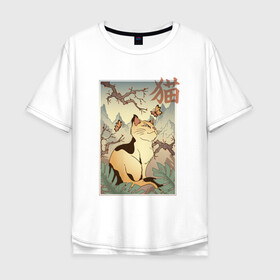 Мужская футболка хлопок Oversize с принтом Кот в японском стиле в Санкт-Петербурге, 100% хлопок | свободный крой, круглый ворот, “спинка” длиннее передней части | hokusai | kanji | picture | poster | в стиле | видами | горы | деревья | искусство | кандзи | картина | кот | котейка | котенок | котэ | котята | кошечка | кошка | красотами | любуется | пейзаж | постер | стиль | фреска