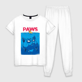 Женская пижама хлопок с принтом Paws пародия на челюсти в Санкт-Петербурге, 100% хлопок | брюки и футболка прямого кроя, без карманов, на брюках мягкая резинка на поясе и по низу штанин | fat | jaws | movie | paws | poster | голоден | голодный | кино | кот | котейка | кошка | лапки | лапы | ленивый | лого | логотип | облизывается | охотник | пародия | плавает | постер | превью | толстенный | толстый