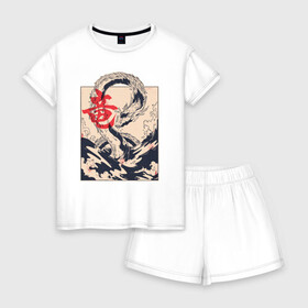 Женская пижама с шортиками хлопок с принтом Морской дракон в Санкт-Петербурге, 100% хлопок | футболка прямого кроя, шорты свободные с широкой мягкой резинкой | dragon | japan | japanese | kanji | ocean | sea | sea dragon | storm | wave | yakuza | арт | большая волна | в японском стиле | дракон | иероглиф | кандзи | картина | море | океан | стиль | тату | татуировка | шторм | якудза | якузды