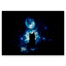 Поздравительная открытка с принтом Кот силуэт луна ночь звезды в Санкт-Петербурге, 100% бумага | плотность бумаги 280 г/м2, матовая, на обратной стороне линовка и место для марки
 | Тематика изображения на принте: астрономия | дымка | животные | звезды | звери | кот | котейка | котик | котэ | котя | кошка | луна | лунный кошак | месяц | мистика | мяу | ночь | нэко | ня | полнодуние | романтика | силуэт