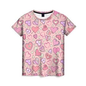 Женская футболка 3D с принтом Сердечки разные в Санкт-Петербурге, 100% полиэфир ( синтетическое хлопкоподобное полотно) | прямой крой, круглый вырез горловины, длина до линии бедер | blue | flower | flowers | love | love is | loves | pink | rose | бабочка | бабочки | голубая | девочке | девушке | красивая | мода | парню | подарок | приятная | роза | розовая | сердечки | сердце | текстура | тренд | цветок
