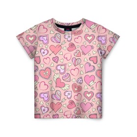 Детская футболка 3D с принтом Сердечки разные в Санкт-Петербурге, 100% гипоаллергенный полиэфир | прямой крой, круглый вырез горловины, длина до линии бедер, чуть спущенное плечо, ткань немного тянется | Тематика изображения на принте: blue | flower | flowers | love | love is | loves | pink | rose | бабочка | бабочки | голубая | девочке | девушке | красивая | мода | парню | подарок | приятная | роза | розовая | сердечки | сердце | текстура | тренд | цветок