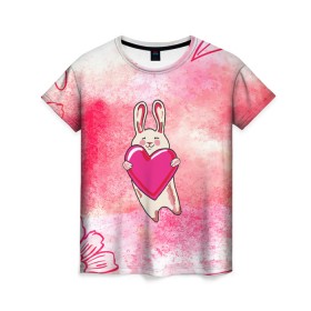 Женская футболка 3D с принтом Влюбленный Зайчик в Санкт-Петербурге, 100% полиэфир ( синтетическое хлопкоподобное полотно) | прямой крой, круглый вырез горловины, длина до линии бедер | like | love | loveis | pink | валентин | влюбленным | женщинам | животные | зайка | зайчик | заяц | звери | каваи | кролик | лапки | люблю | любовь | мордочка | няшный | подарок | прикольный | сердечки | сердце