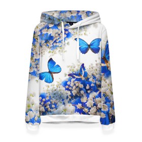 Женская толстовка 3D с принтом Butterfly | Blue White в Санкт-Петербурге, 100% полиэстер  | двухслойный капюшон со шнурком для регулировки, мягкие манжеты на рукавах и по низу толстовки, спереди карман-кенгуру с мягким внутренним слоем. | butterfly | earth | flowers | forest | neon | бабочки | весенняя | весна | зелень | земля | зима | зимняя | искусство | краски | лес | летняя | лето | море | неон | океан | осенняя | природа | приятная | растения | рестение