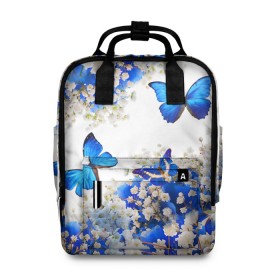 Женский рюкзак 3D с принтом Butterfly | Blue White в Санкт-Петербурге, 100% полиэстер | лямки с регулируемой длиной, сверху ручки, чтобы рюкзак нести как сумку. Основное отделение закрывается на молнию, как и внешний карман. Внутри два дополнительных кармана, один из которых закрывается на молнию. По бокам два дополнительных кармашка, куда поместится маленькая бутылочка
 | Тематика изображения на принте: butterfly | earth | flowers | forest | neon | бабочки | весенняя | весна | зелень | земля | зима | зимняя | искусство | краски | лес | летняя | лето | море | неон | океан | осенняя | природа | приятная | растения | рестение