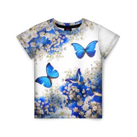 Детская футболка 3D с принтом Butterfly | Blue White в Санкт-Петербурге, 100% гипоаллергенный полиэфир | прямой крой, круглый вырез горловины, длина до линии бедер, чуть спущенное плечо, ткань немного тянется | Тематика изображения на принте: butterfly | earth | flowers | forest | neon | бабочки | весенняя | весна | зелень | земля | зима | зимняя | искусство | краски | лес | летняя | лето | море | неон | океан | осенняя | природа | приятная | растения | рестение