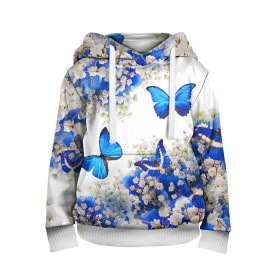 Детская толстовка 3D с принтом Butterfly | Blue White в Санкт-Петербурге, 100% полиэстер | двухслойный капюшон со шнурком для регулировки, мягкие манжеты на рукавах и по низу толстовки, спереди карман-кенгуру с мягким внутренним слоем | butterfly | earth | flowers | forest | neon | бабочки | весенняя | весна | зелень | земля | зима | зимняя | искусство | краски | лес | летняя | лето | море | неон | океан | осенняя | природа | приятная | растения | рестение