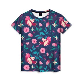 Женская футболка 3D с принтом Арт джунгли в Санкт-Петербурге, 100% полиэфир ( синтетическое хлопкоподобное полотно) | прямой крой, круглый вырез горловины, длина до линии бедер | арт | джунгли | лес | ночь | птицы | птички | рисунок | цветы