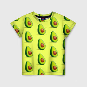 Детская футболка 3D с принтом Авокадо в Санкт-Петербурге, 100% гипоаллергенный полиэфир | прямой крой, круглый вырез горловины, длина до линии бедер, чуть спущенное плечо, ткань немного тянется | авокадо | арт | в разрезе | вкусно | вкусный фрукт | желтый | зеленый | косточка | крупная косточка | разрез | рисунок | сладко | сочно | фрукт
