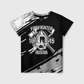 Детская футболка 3D с принтом FIREFIGHTER 1649 RUSSIA в Санкт-Петербурге, 100% гипоаллергенный полиэфир | прямой крой, круглый вырез горловины, длина до линии бедер, чуть спущенное плечо, ткань немного тянется | 112 | 27 декабря | firefighter | багор | белая | герб | гкчс | знак | лого | логотип | маска | мчс | мчсник | пожарная охрана | пожарник | пожарный | пч | россии | рф | серая | символ | служба | состаренная