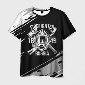 Мужская футболка 3D с принтом FIREFIGHTER 1649 RUSSIA в Санкт-Петербурге, 100% полиэфир | прямой крой, круглый вырез горловины, длина до линии бедер | Тематика изображения на принте: 112 | 27 декабря | firefighter | багор | белая | герб | гкчс | знак | лого | логотип | маска | мчс | мчсник | пожарная охрана | пожарник | пожарный | пч | россии | рф | серая | символ | служба | состаренная