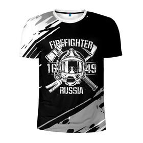 Мужская футболка 3D спортивная с принтом FIREFIGHTER 1649 RUSSIA в Санкт-Петербурге, 100% полиэстер с улучшенными характеристиками | приталенный силуэт, круглая горловина, широкие плечи, сужается к линии бедра | Тематика изображения на принте: 112 | 27 декабря | firefighter | багор | белая | герб | гкчс | знак | лого | логотип | маска | мчс | мчсник | пожарная охрана | пожарник | пожарный | пч | россии | рф | серая | символ | служба | состаренная