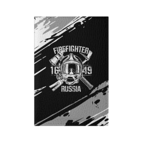 Обложка для паспорта матовая кожа с принтом FIREFIGHTER 1649 RUSSIA в Санкт-Петербурге, натуральная матовая кожа | размер 19,3 х 13,7 см; прозрачные пластиковые крепления | 112 | 27 декабря | firefighter | багор | белая | герб | гкчс | знак | лого | логотип | маска | мчс | мчсник | пожарная охрана | пожарник | пожарный | пч | россии | рф | серая | символ | служба | состаренная