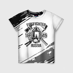 Детская футболка 3D с принтом FIREFIGHTER 1649 RUSSIA в Санкт-Петербурге, 100% гипоаллергенный полиэфир | прямой крой, круглый вырез горловины, длина до линии бедер, чуть спущенное плечо, ткань немного тянется | 112 | 27 декабря | firefighter | багор | белая | герб | гкчс | знак | лого | логотип | маска | мчс | мчсник | пожарная охрана | пожарник | пожарный | пч | россии | рф | серая | символ | служба | состаренная